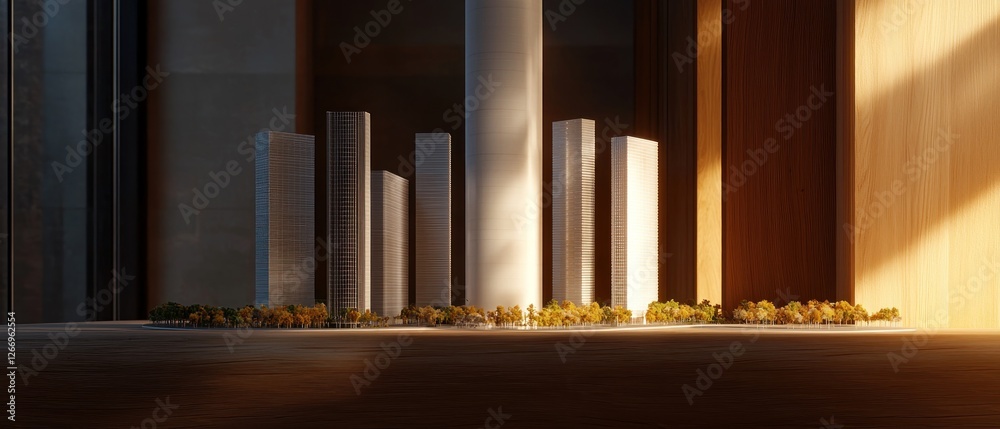 Fototapeta premium Architectural Model of Skyscrapers, Interior Display, Sunlight