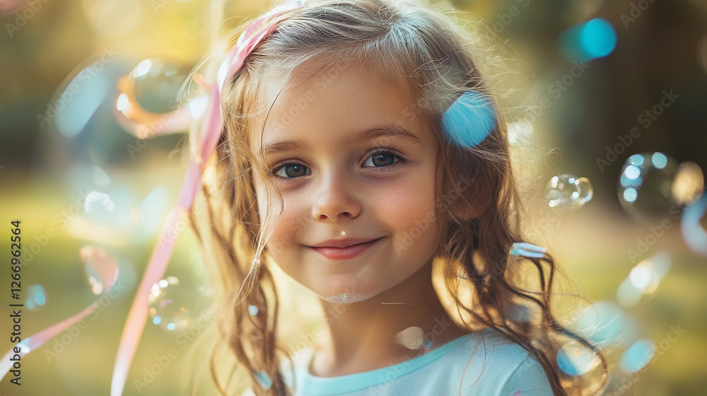 Joyful child playing with bubbles and ribbons in a sunny outdoor environment Joyful child playing with bubbles and ribbons in a sunny outdoor environment