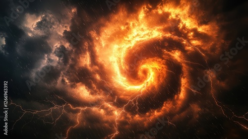 Spiraling Thunderstorm with Fiery Clouds and Lightning