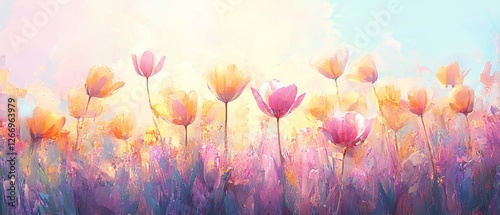 Pastel Tulip Field, a tranquil landscape filled with vibrant tulips gently swaying in a soft breeze under a clear blue sky.