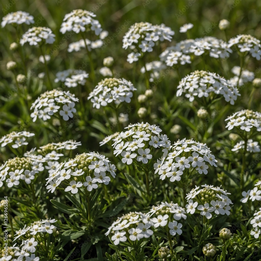 A gentle cluster of white candytuft flowers in a meadow. A gentle cluster of white candytuft flowers in a meadow.