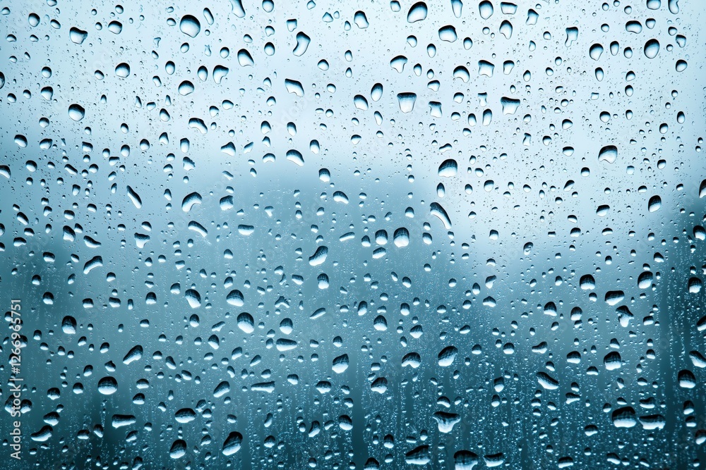 Raindrops trickling down a glass window on a cloudy gray day, creating a soft and reflective atmosphere