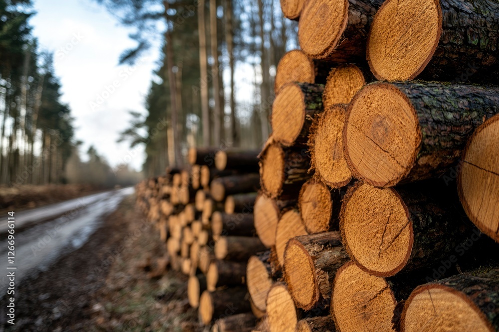 Logs stacked in forest path, blurred background, for use wood industry Logs stacked in forest path, blurred background, for use wood industry