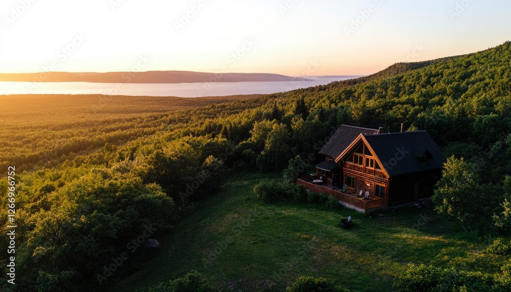 Cabin nestled in forest at dawn overlooking a lake. Getaway vacation Cabin nestled in forest at dawn overlooking a lake. Getaway vacation