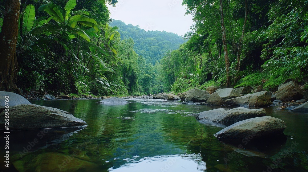 Obraz premium Tranquil View of Lush Green Forest with Serene River and Smooth Stones Under Cloudy Sky