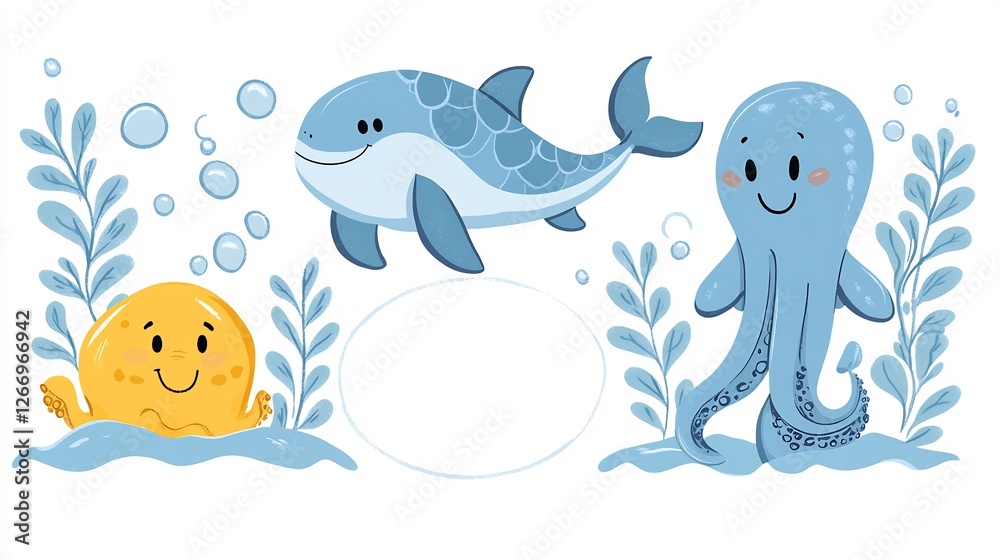 Fototapeta premium Playful ocean friends swim joyfully in soft blue light. AI Generated
