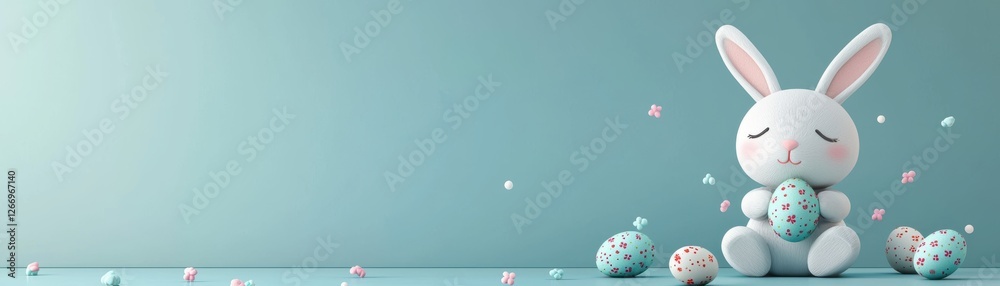 Obraz premium A cute plush bunny sits peacefully, surrounded by colorful eggs, set against a soft blue background, evoking a whimsical, festive atmosphere., Easter Orthodox, Easter