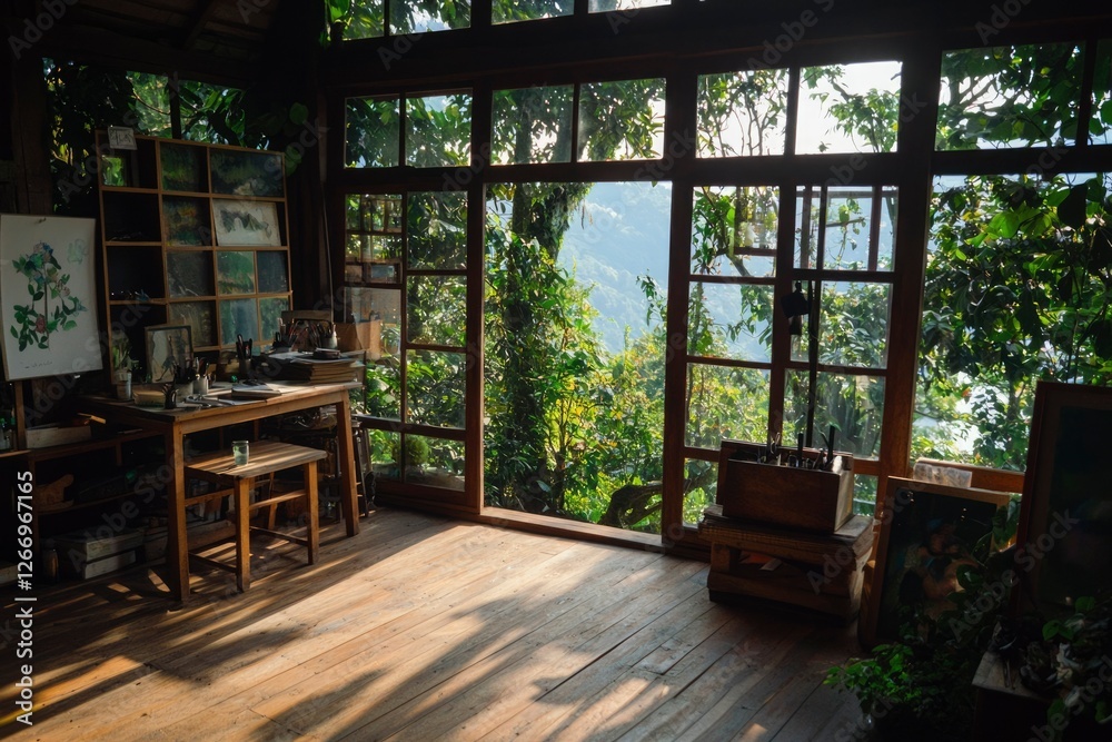 Artist studio with forest view for tranquil artwork and nature inspiration Artist studio with forest view for tranquil artwork and nature inspiration