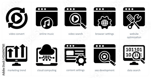 A set of 5 seo icons as video convert, online music, video search