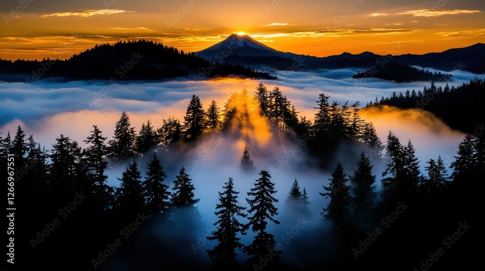 Fototapeta premium Stunning Sunrise Over Misty Forest Landscape with Mountain and Colorful Sky at Dusk