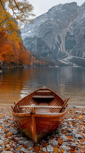 Serene autumn landscape featuring a wooden boat on a tranquil lake surrounded by vibrant foliage and mountains (1)