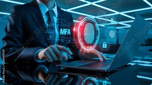 businessman pressing virtual button MFA, multi factor authentication. cloud computing concept, cloud technology, biometric, fingerprint, mfa, 2fa, firewall, encryption, authentication, authorization