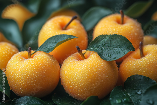 Dewy Yellow Plums Resting on Lush Green Leaves