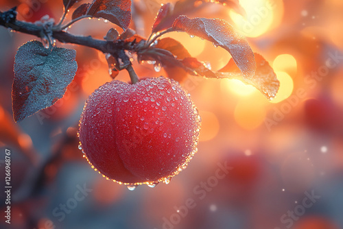 Dewdrops Adorn A Red Apple On A Branch At Sunrise