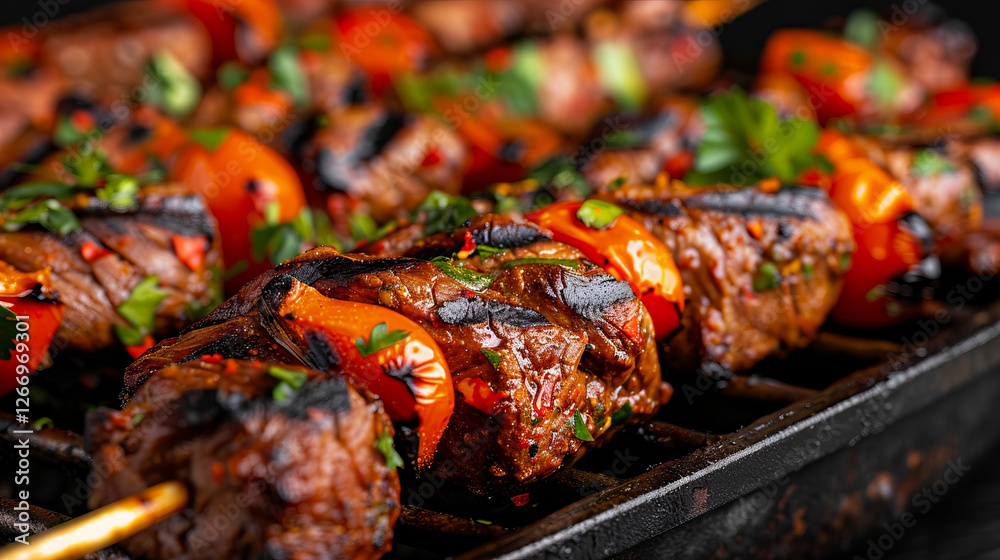 Sizzling Beef Skewers:  A close-up shot of succulent, marinated beef skewers sizzling on a hot grill, with vibrant red cherry tomatoes and fresh green herbs.
