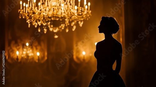 Silhouette of an opera singer with a grand chandelier in the background and dramatic lighting