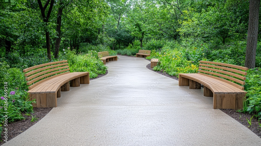 Serene garden path with benches, lush greenery Serene garden path with benches, lush greenery