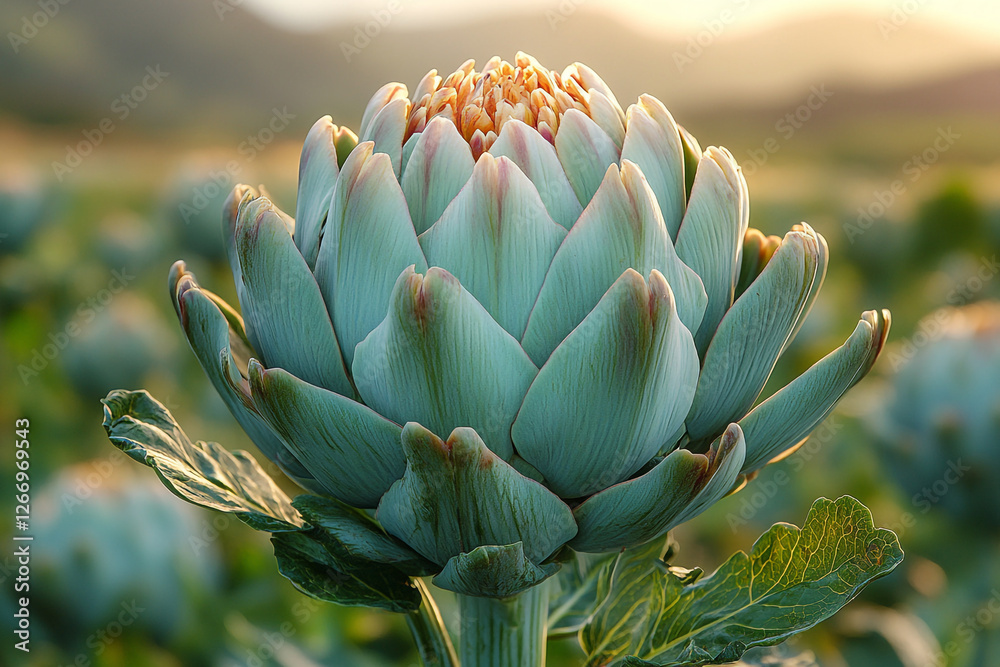 Fototapeta premium A single artichoke bud blossoms in a field at sunset
