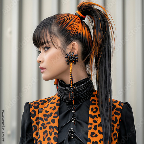 Edgy Fashion with Orange Streaked Ponytail and Leopard Print Vest