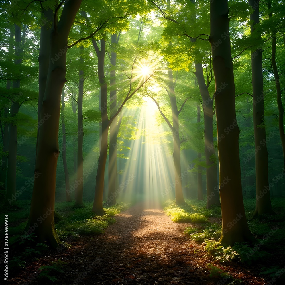 Obraz premium sunlight in the forest,A dense forest bathed in sunlight. Tall, green trees, various shades of green, fill the entire image, creating a canopy. Sunlight streams through the trees, creating bright sha