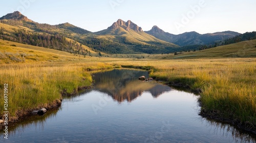 Majestic mountain peak reflected in a calm river flowing through a golden grassy valley under a clear sky.