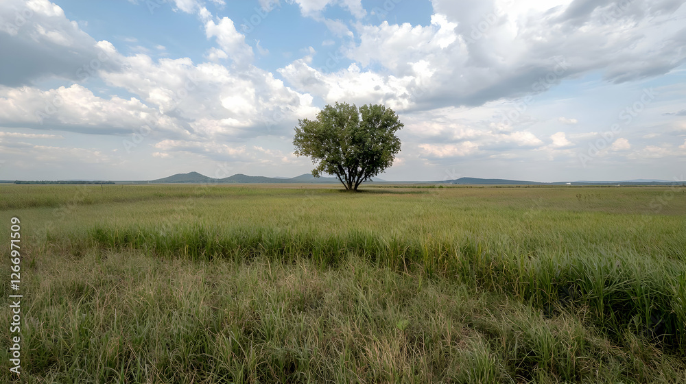 Lonely tree in vast field, hills in background, summer day, nature scene Lonely tree in vast field, hills in background, summer day, nature scene