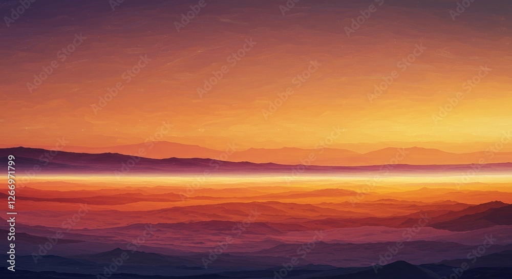 Fototapeta premium Vibrant Sunset Landscape Illustration in Warm Hues Capturing Majestic Mountain Silhouettes and Gradient Skies