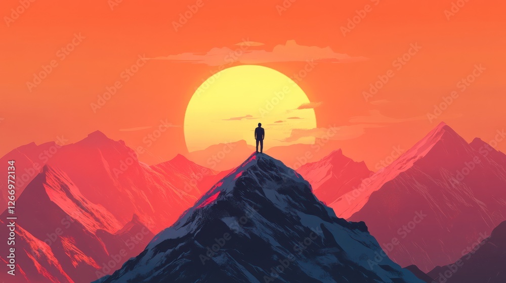 Sunset Silhouette: A lone figure stands atop a majestic mountain peak, bathed in the warm glow of the setting sun, a breathtaking panorama of mountains unfolds before him. Sunset Silhouette: A lone figure stands atop a majestic mountain peak, bathed in the warm glow of the setting sun, a breathtaking panorama of mountains unfolds before him.