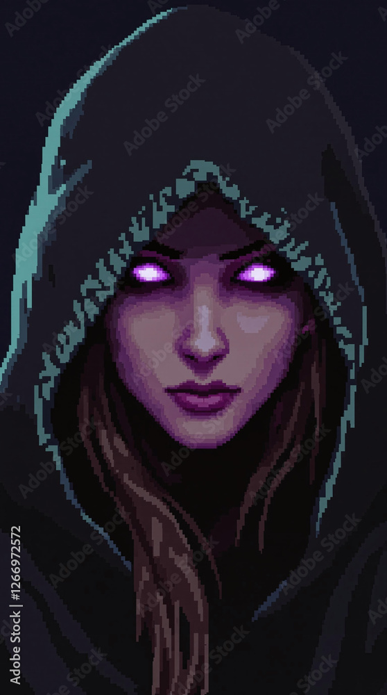 A pixel art portrait of a mystical sorceress with glowing purple eyes and a dark hooded cloak. A pixel art portrait of a mystical sorceress with glowing purple eyes and a dark hooded cloak.