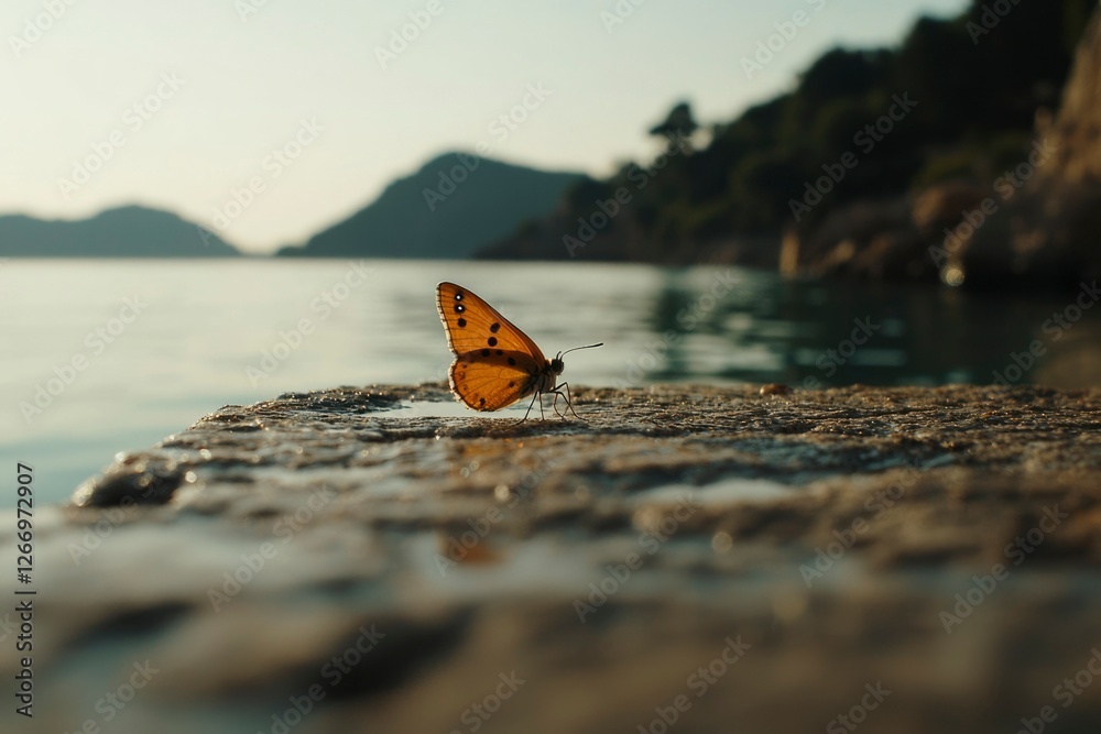 Butterfly rests on a stone wall near a sea, mountain background. Tourism Butterfly rests on a stone wall near a sea, mountain background. Tourism
