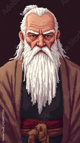 A pixel art portrait of an elderly samurai with a long white beard wearing a traditional kimono.
