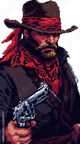 A pixel art portrait of a rugged outlaw from the Wild West wearing a red bandana and holding two revolvers.