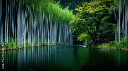 Serene Bamboo Grove Reflection on Calm Water with Lush Greenery and Tranquil Atmosphere