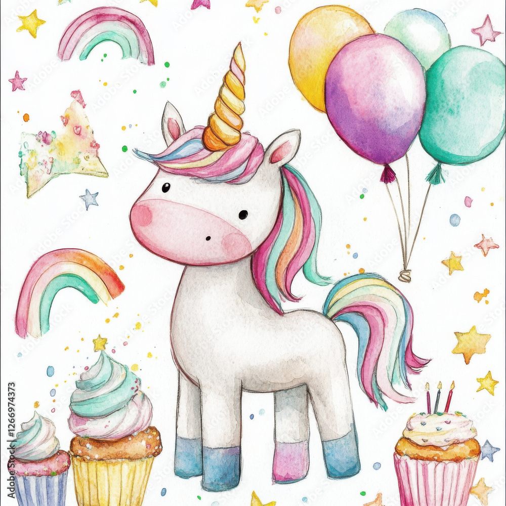 Fototapeta premium Fun and whimsical clipart set for kidsâ€™ birthday parties featuring adorable unicorns in a variety of playful poses. Each unicorn is illustrated with bright, pastel colors, 