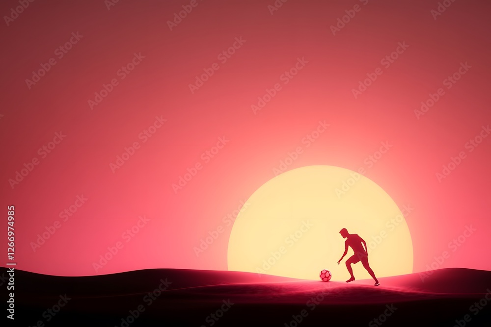 Silhouette of a soccer player kicking a ball against a sunset backdrop in a desert landscape Silhouette of a soccer player kicking a ball against a sunset backdrop in a desert landscape