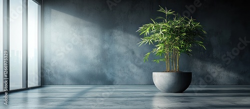 Serene Minimalist Interior: Bamboo Plant in Concrete Pot