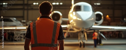 Aviation Technician Inspecting Private Jet in Hangar
