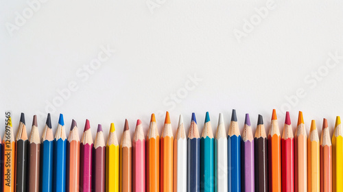 Color Pencil Row: A vibrant collection of colored pencils arranged in a neat row against a white background, showcasing a spectrum of colors ready for creative expression. 