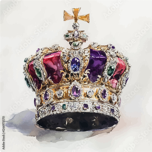 The painting highlights the stunning array of jewels that adorn the crown.
