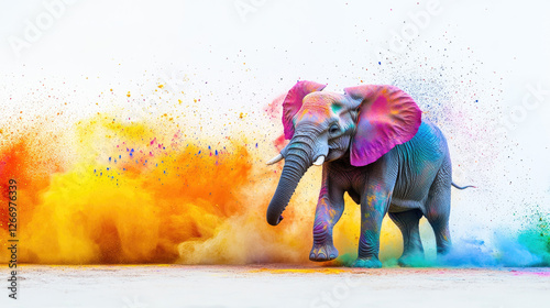 Indian Festival of Colors Holi. Elephant in multicolored powder on a background of colored powder. Colorful rainbow paint, explosion, splash of multicolored powder. Banner. Copy space