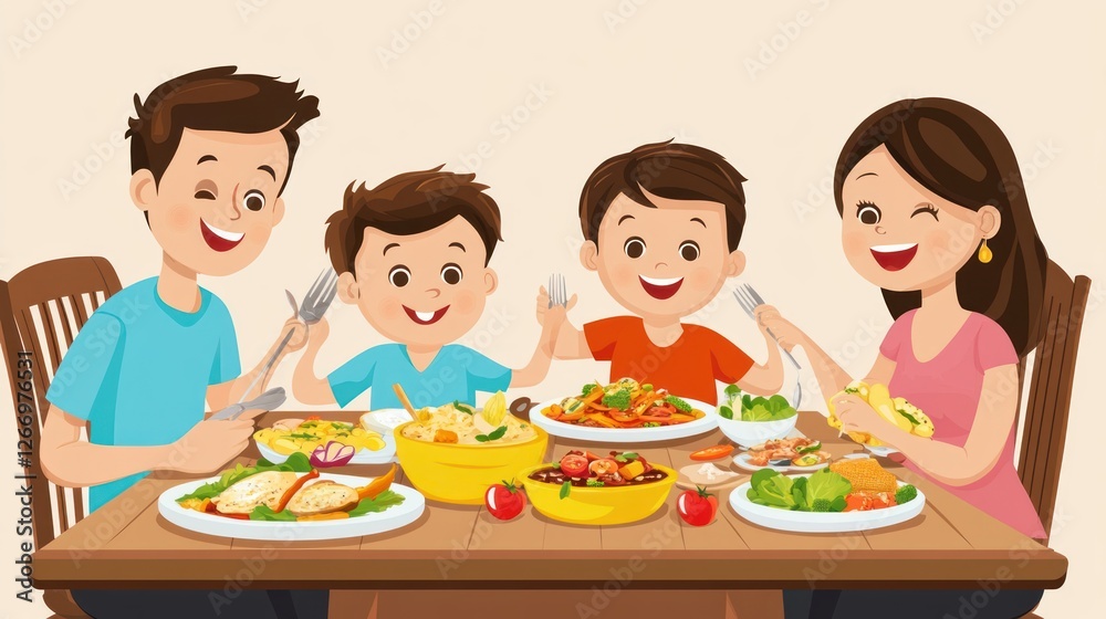 Happy Family Dinner Time: A Delightful Illustration of a Family Enjoying a Delicious Meal Together Happy Family Dinner Time: A Delightful Illustration of a Family Enjoying a Delicious Meal Together
