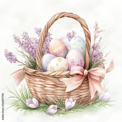 A whimsical watercolor illustration of a woven Easter basket overflowing with decorated pastel-colored eggs, spring flowers like lilacs and crocuses,