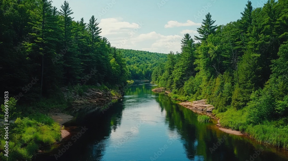 Serene River Flowing Through Lush Green Forest Landscape Under Bright Blue Sky Serene River Flowing Through Lush Green Forest Landscape Under Bright Blue Sky