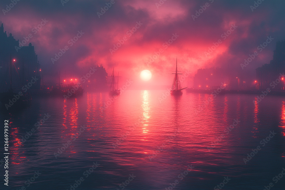 Naklejka premium Crimson Sunset Over Harbor Sailing Ships at Dusk