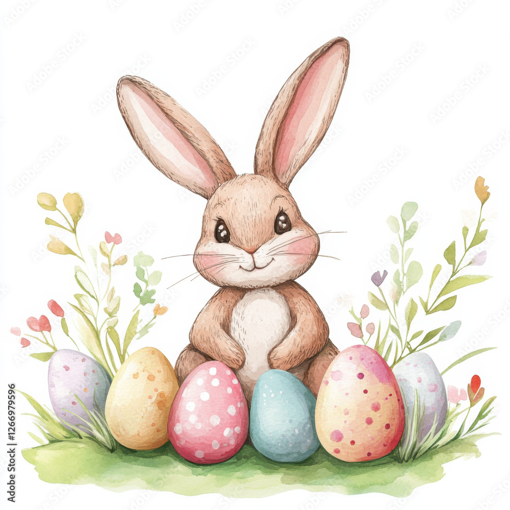 Obraz premium watercolour clipart, cute cartoon easter bunny sat amongst pastel colour easter eggs, spring time 