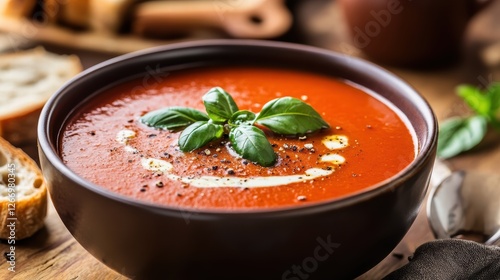 A delicious and heathy tomato soup with creamy texture with fresh basil, close-up