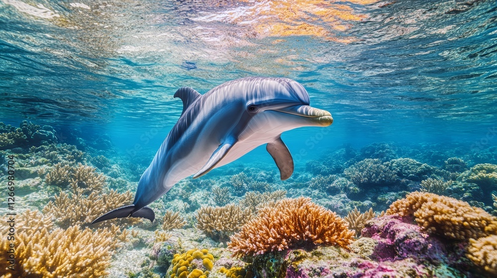 Dolphin Gliding Towards Sunlit Coral Reef Dolphin Gliding Towards Sunlit Coral Reef