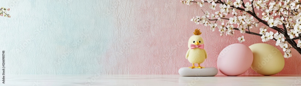 A charming spring scene featuring a decorative chick, pastel eggs, and delicate cherry blossoms against a soft gradient background. A charming spring scene featuring a decorative chick, pastel eggs, and delicate cherry blossoms against a soft gradient background.