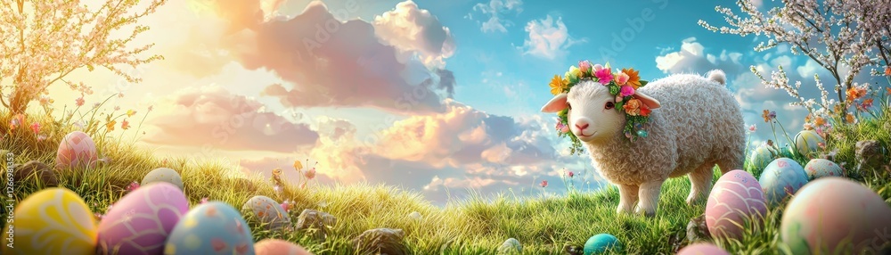 Fototapeta premium A charming sheep adorned with flowers stands in a vibrant meadow filled with colorful Easter eggs under a beautiful sky.