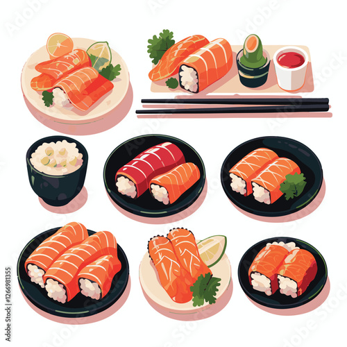 food, asian, restaurant, japanese, meal, delicious, sushi, cuisine, chinese, fresh, japan, rice, japanese food, japanese cuisine, smile, tasty, woman, illustration, man, gourmet, art, background, tabl